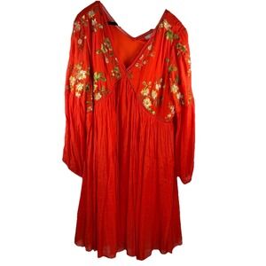 J Gee Poppy Embroidered Crochet Gauzy 2X Apx Lined Boho Peasant Dress P-P 51 In